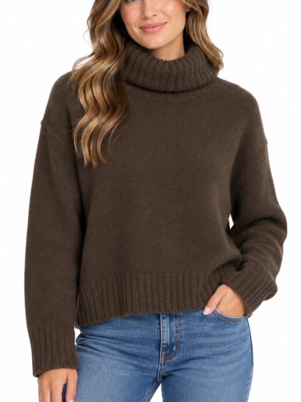 OAK + FORT Knit Turtleneck Sweater Chocolate Brown Small Yak Hair Oversized Cozy